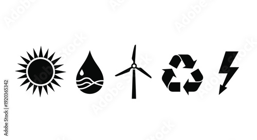 Renewable energy icons sun water wind recycling and lightning