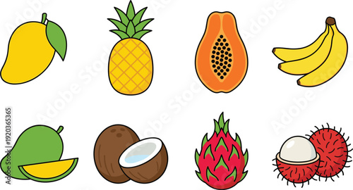Set of tropical fruit icons including mango, pineapple, papaya, banana, coconut, dragon fruit, and rambutan, healthy food flat vector illustration