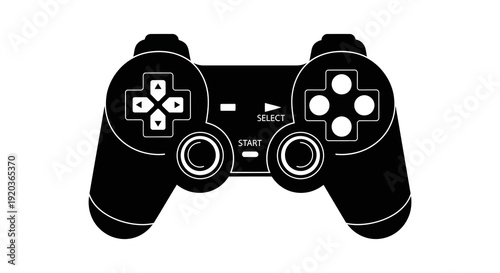 A black and white illustration of a modern video game controller with prominent buttons and grips