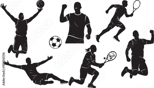 Silhouette of various sports players in action poses together