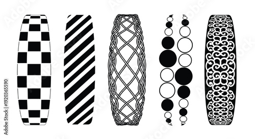 Five cylindrical designs featuring distinct black and white patterns