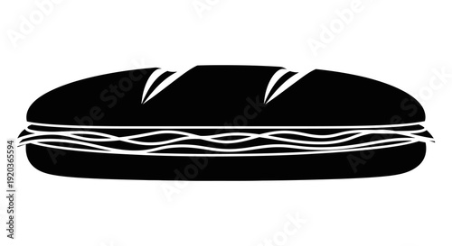 A simple black and white illustration of a sandwich with layered fillings and a crusty roll