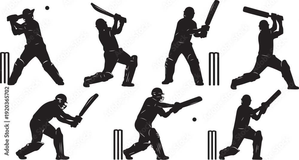 Naklejka premium Cricket players in various batting poses and stances silhouettes
