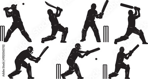 Cricket players in various batting poses and stances silhouettes
