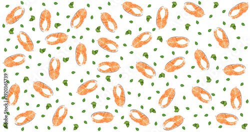 eamless Pattern of Fresh Salmon Fillets and Green Leaves on Grey Background