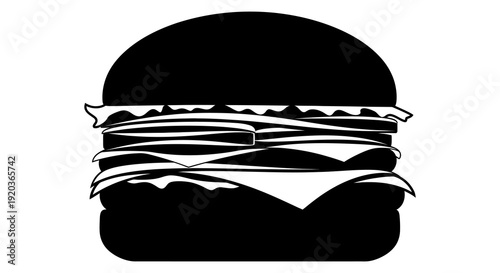 A stark black and white illustration depicting a towering multi layered hamburger icon high quality professional detailed modern elegant