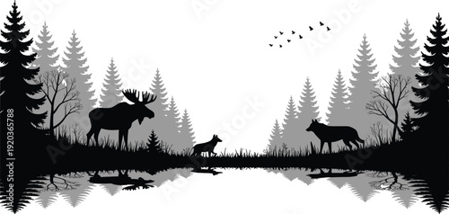 Canvas Print Forest Wildlife Silhouette with Moose, Fox and Wolf by Lake Reflection, Pine Tre