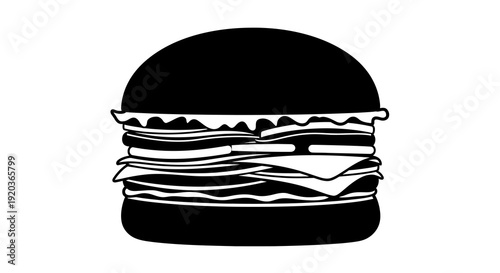 A black and white illustration depicts a highly stacked oversized hamburger with visible layers high quality