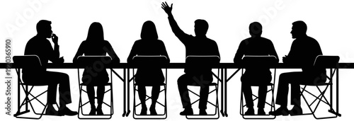 Silhouette of professional group sitting at a table in a row during a corporate meeting with one person raising hand