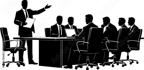 Silhouette of professional business leader giving a presentation to corporate colleagues in a modern office conference room meeting setting