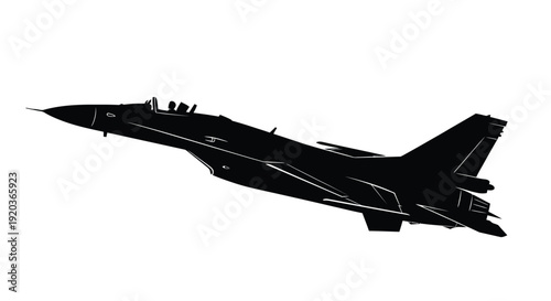 Silhouette of a fighter jet in flight against a white background