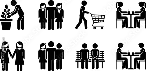 Silhouette icon set of people engaging in daily activities like shopping gardening sitting on a bench and dining together