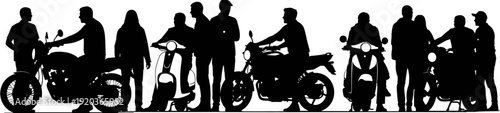 Silhouette of a group of bikers and motorcycle riders standing with their bikes for a community gathering or club meeting