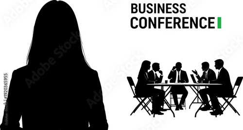Silhouette of professional business people having a corporate meeting sitting around a table with "BUSINESS CONFERENCE" text background isolated