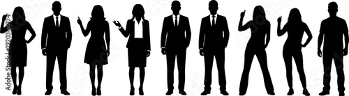 Silhouette collection of professional business men and women standing in various formal poses for corporate team project isolated