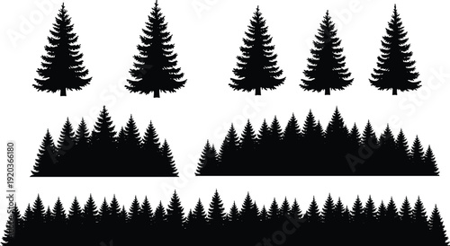 Black silhouette vector illustration set of pine and fir trees, forest treeline borders, evergreen spruce timber elements
