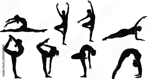 Black silhouette vector illustration set of women performing yoga poses and gymnastics stretches, athletic female figures, fitness and wellness icons,