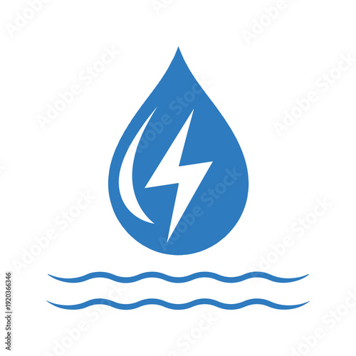 Electric blue water droplet with lightning bolt symbol floating above wavy water surface minimalist design energy concept