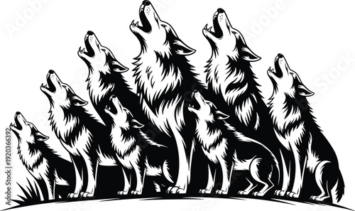 Schilderij op canvas Howling wolf pack black and white vector illustration, wild animals standing on
