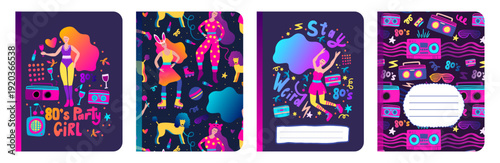 Retro Music Party Notebook Copybook Party Girl Cover Background Set Diary Vector