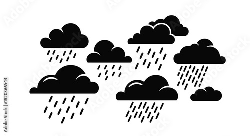 Black silhouette illustration of several rain clouds with falling raindrops