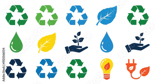 Collection of colorful environmental icons representing sustainability and eco friendly concepts
