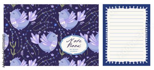 Diary Notebook Journal Cover Vector Set With Lavender Flowers Bird Girly Elegant Dreamy  Empty Page Border