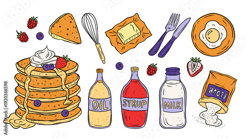 Pancake Breakfast Cooking Ingredients In Sketch Retro Doodle Style Cartoon Vector Set
