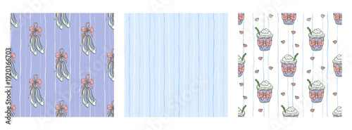 Coquette Coffee Bow High Heels Shoes Seamless Pattern Vector Set Blue Striped Background Cottagecore Feminine Aesthetic Collection