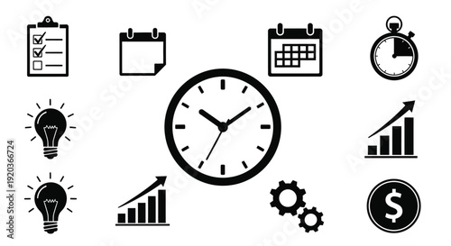 Black icons depicting time management ideas and financial growth