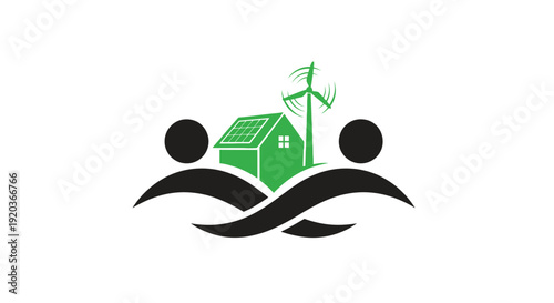 Green eco friendly home logo with solar panels and wind turbine elements