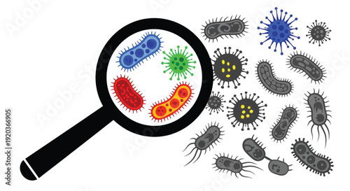 Microscopic view of various bacteria and viruses under a magnifying glass