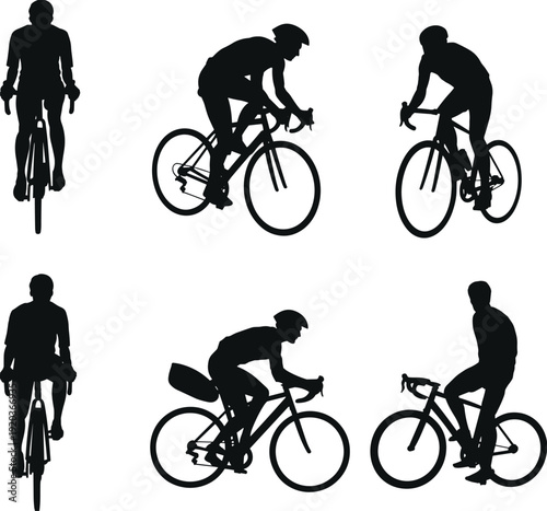 Cyclist silhouettes riding road bikes, dynamic cycling illustration, athletic sport concept, racing posture design, endurance lifestyle art, competitive bike performance