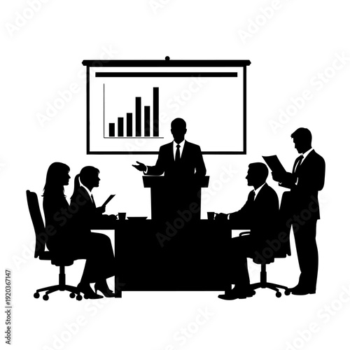 Silhouette of a business meeting with a presenter at a podium and attendees around a table.