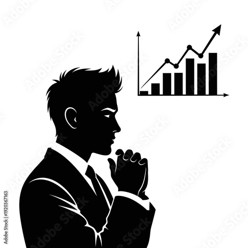 Silhouette of a businessman contemplating a rising bar graph, symbolizing growth and success.