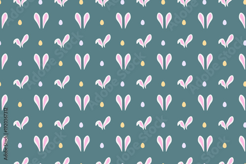 Whimsical seamless pattern featuring rows of pink and white bunny ears alternating with small pastel Easter eggs on a blue-green background, Charming design for spring textiles and holiday paper.