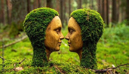 Two artistic moss covered human busts facing each other in a lush green forest.