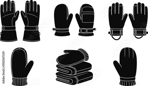 Gloves and mittens illustration, winter handwear design, fashion accessory concept art, outdoor gear graphic, cold weather clothing representation
