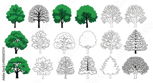 Collection of stylized trees in varying shapes and colors