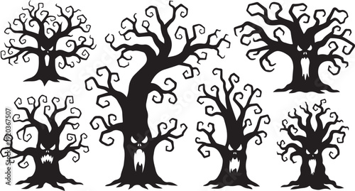 Set of black silhouette trees with curly branches isolated