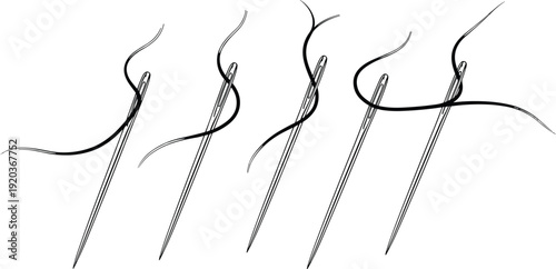 Sewing needle threading illustration, textile craft design, embroidery concept art, fashion detail graphic, handmade process representation, fabric work element