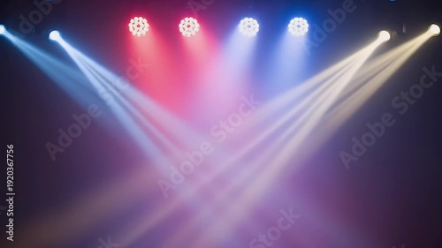 Stage Lighting Effects With Red And Blue Hues And White Beams In Smoky Atmosphere