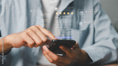 Fotografie Customer review satisfaction feedback survey concept, user giving five-star review feedback
