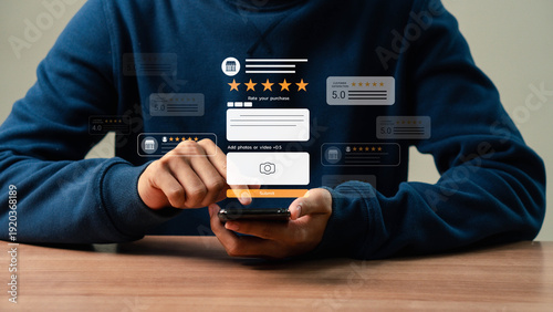 Bild auf Leinwand Customer review satisfaction feedback survey concept, user giving five-star review feedback