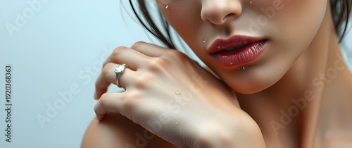 Tight close-up, wet rainy scene, portrait of an exotic woman in soft pink and beige, wearing a diamond tennis bracelet, flawless studio lighting, pristine white background, 4K photographic quality.
