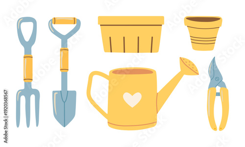 A set of yellow gardening tools, including a watering can, a tray, a pot, pruning shears, a rake, and a shovel. Flat vector illustration.