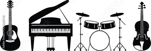 Set of musical instrument silhouettes including acoustic guitar, grand piano, drum kit, and violin isolated on white background, cad drawing flat vector illustration,