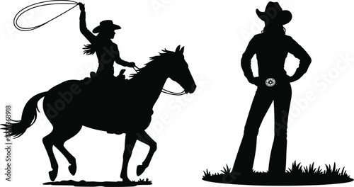 Cowgirl silhouettes set, woman riding horse with lasso and standing female figure in western hat, isolated on white background, cad drawing flat vector illustration,