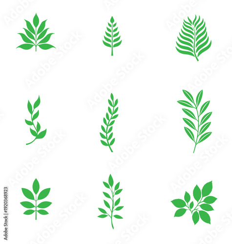 Green Botanical Leaves Icon Set – Natural Herbal Plant Collection