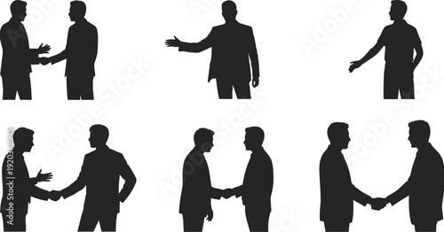 Businessmen silhouettes shaking hands and introducing themselves in professional suits, corporate partnership and deal concept, cad drawing flat vector illustration, isolated icons,
